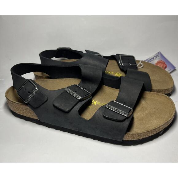 VINTAGE ORIGINAL FOOTBED Birkenstock Milano BLACK OILED LEATHER Sandals SZ 42 - Picture 12 of 16